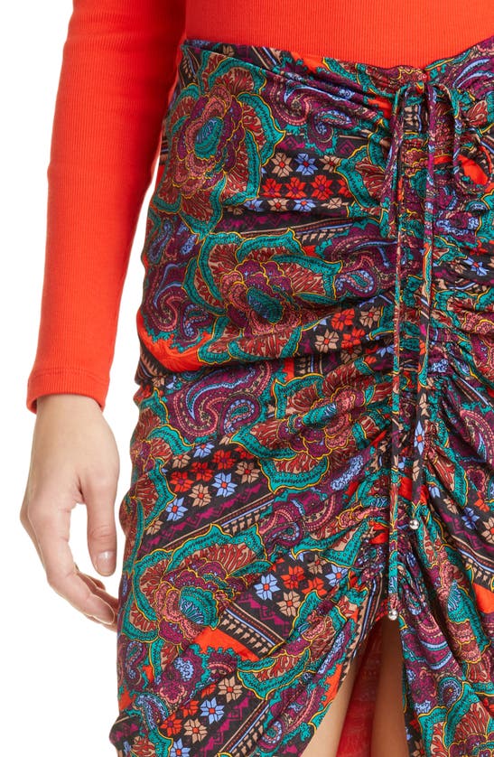 Shop Veronica Beard Ari Floral Paisley Ruched Silk Blend Skirt In Flame Red Multi