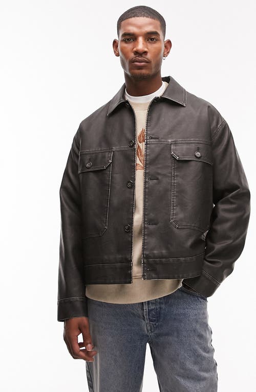 Topman Distressed Faux Leather Shacket Black at Nordstrom,