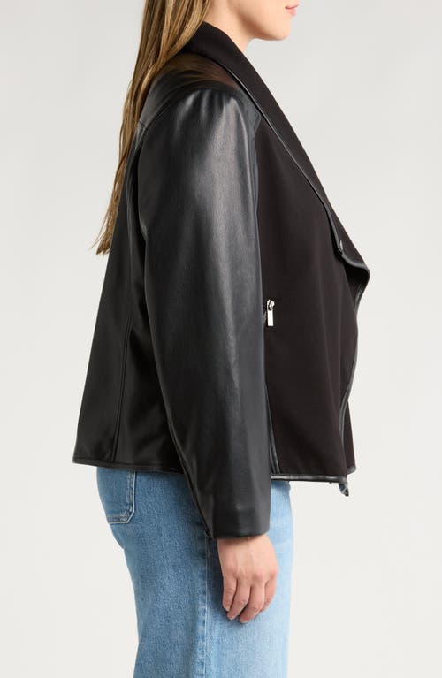 Shop Bagatelle Drape Faux Leather Sleeve Mixed Media Jacket In Black