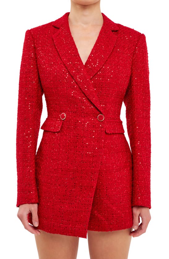 Shop Endless Rose Premium Sequin Tweed Long Sleeve Blazer Minidress In Red