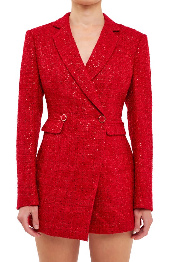 Endless Rose Sequin Tweed Long Sleeve Blazer Minidress In Red
