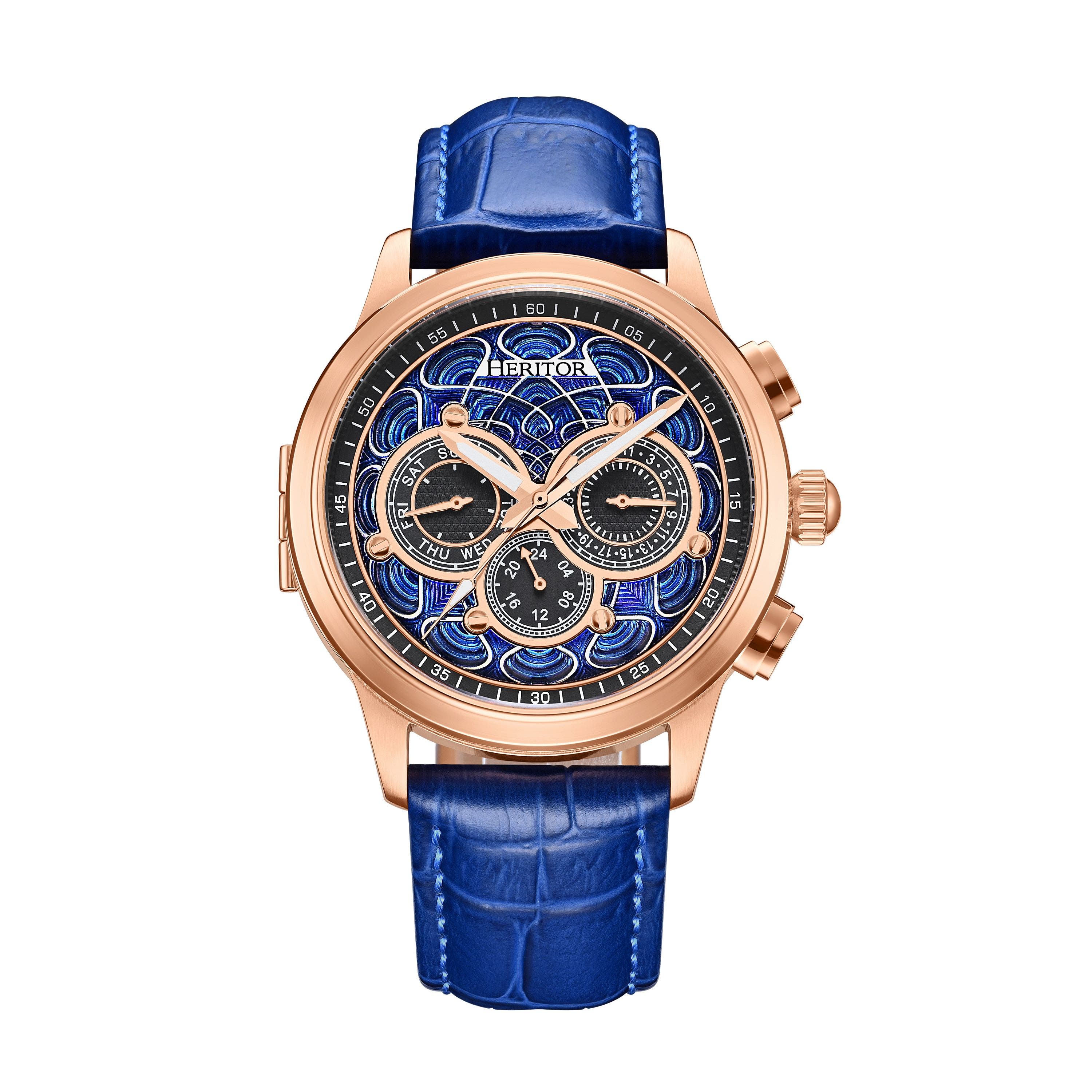 Heritor Automatic Apostle Leather-Band Watch w/ Day/Date in Rose Gold/blue Cover