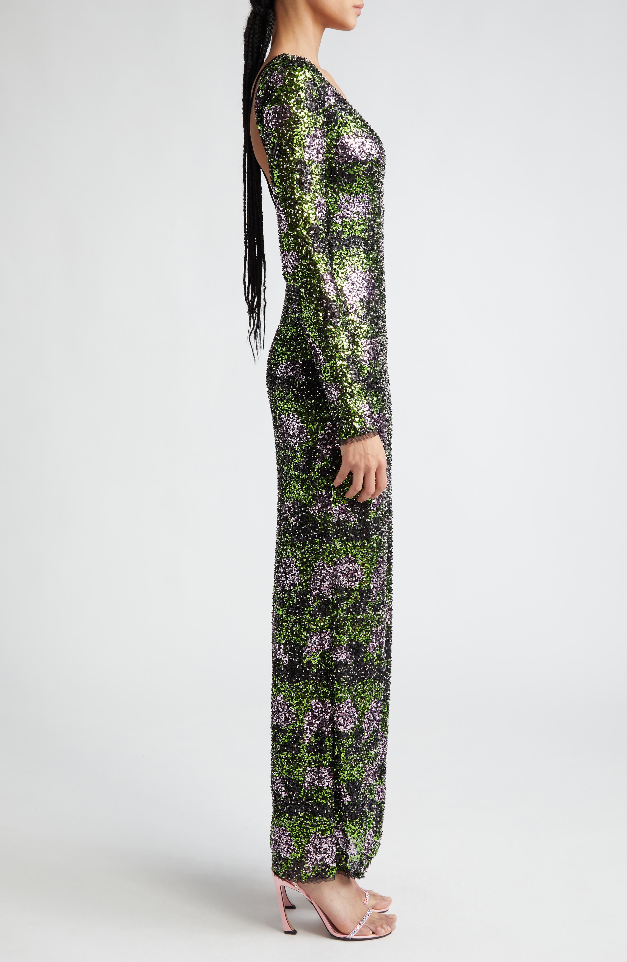 Stine Goya Aille Sequin Long Sleeve Open Back Gown in Multicolour Beads |  Smart Closet