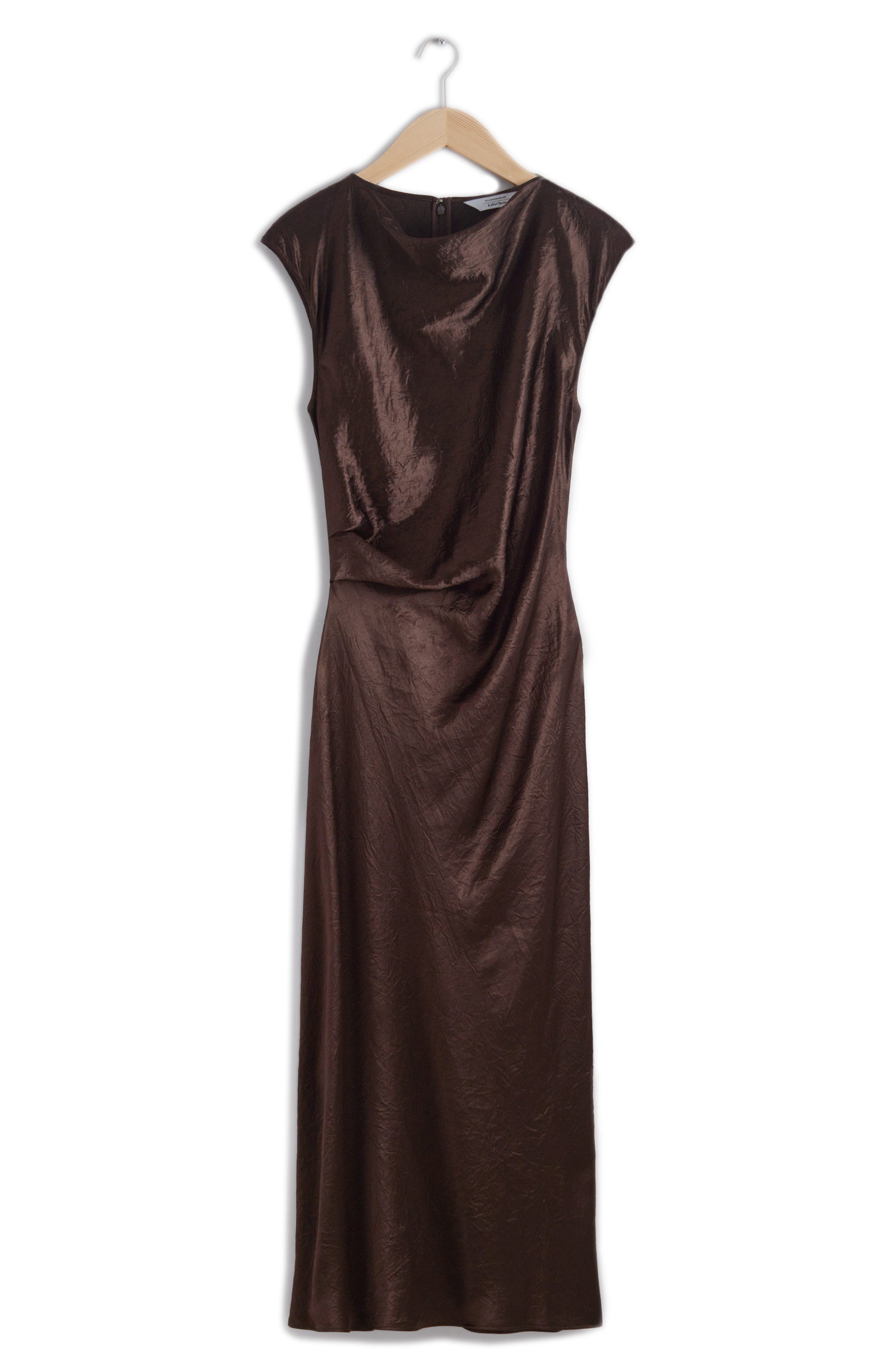 Other Stories & Other Stories Tania Cap Sleeve Satin Midi Dress in Brown  Dark | Smart Closet