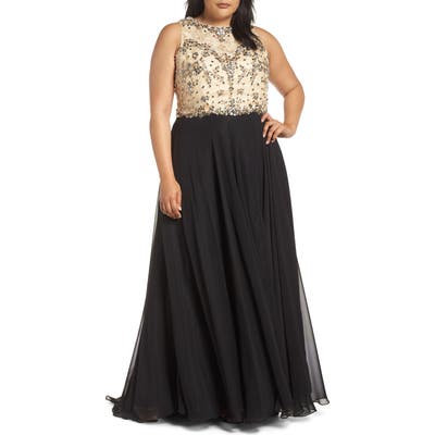 Plus Size MAC Duggal Beaded Illusion Neck Ballgown