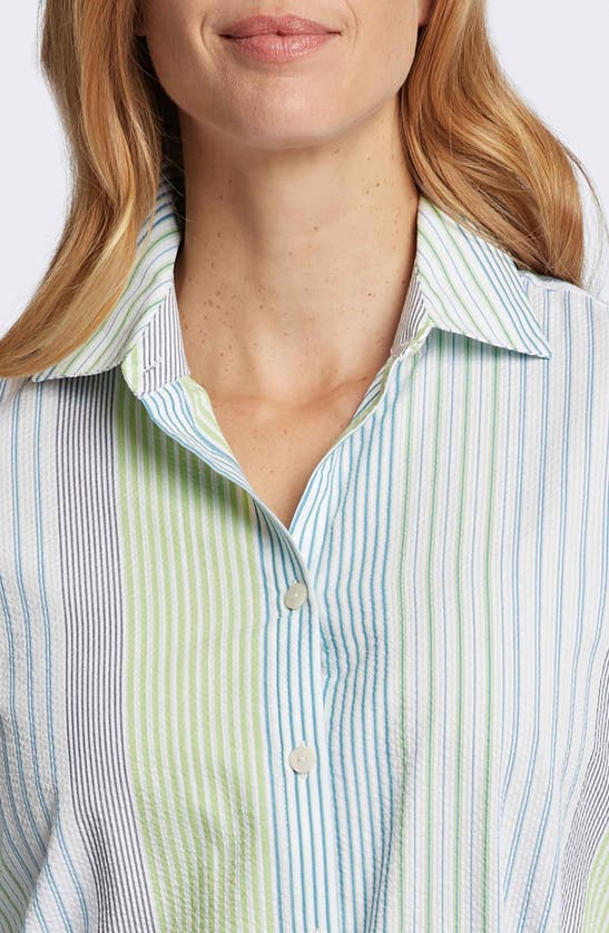 Shop Foxcroft Rocca Stripe Belted Three-quarter Sleeve Shirtdress In Blue Multi