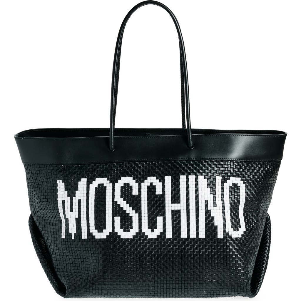 Moschino Logo Woven Leather Shopper Tote in A2555 Fantasy Print Black 