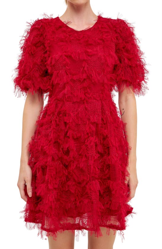 Shop Endless Rose Feathered Mesh Puff Sleeve Minidress In Wine