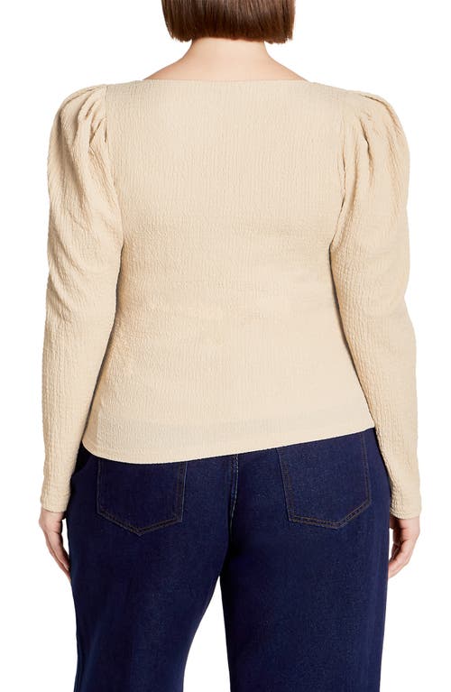 City Chic Mysteria Shirred Square Neck Puff Shoulder Long Sleeve Top In Latte