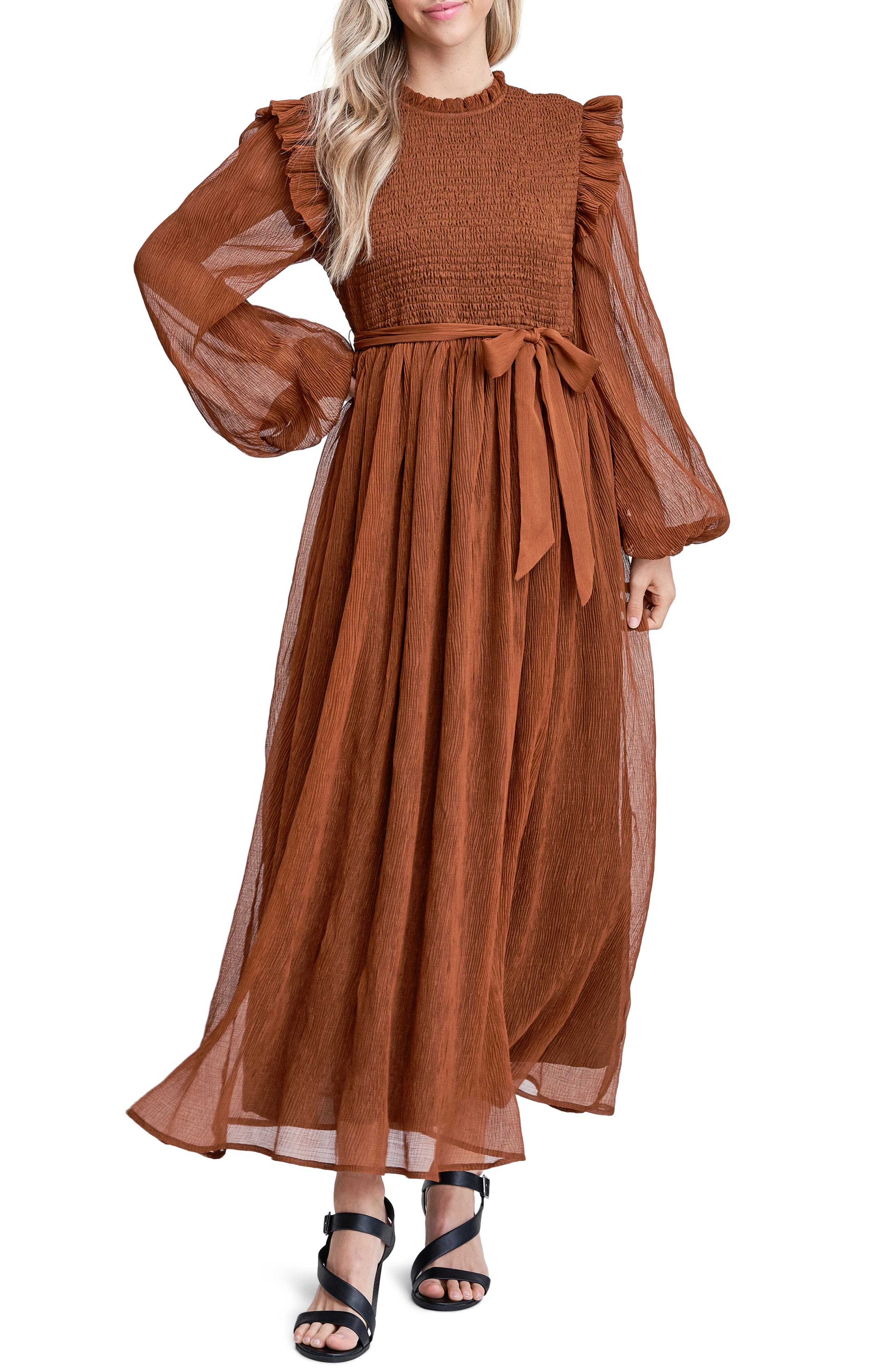 long sleeve chiffon gown