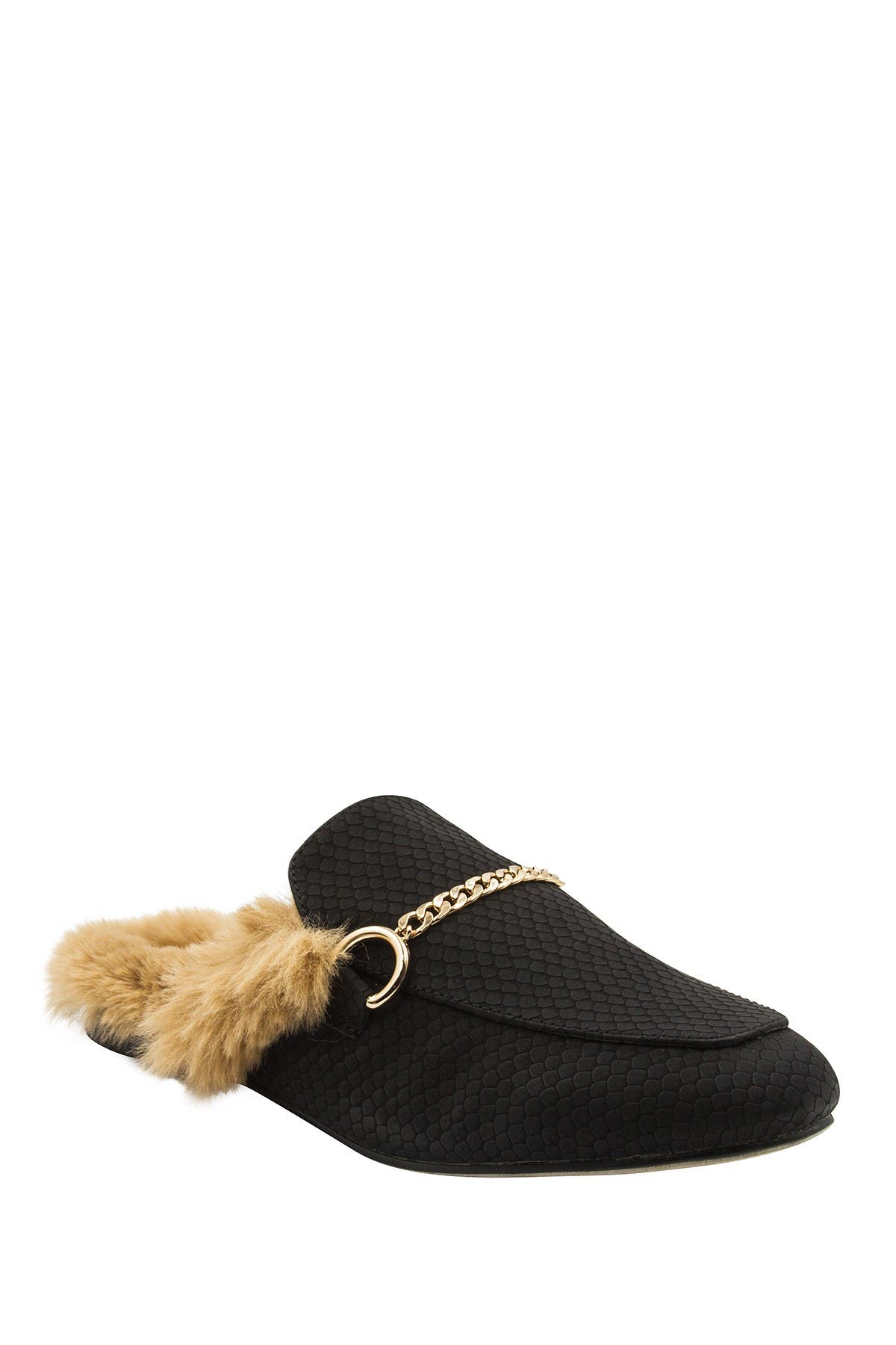 black fur lined mules