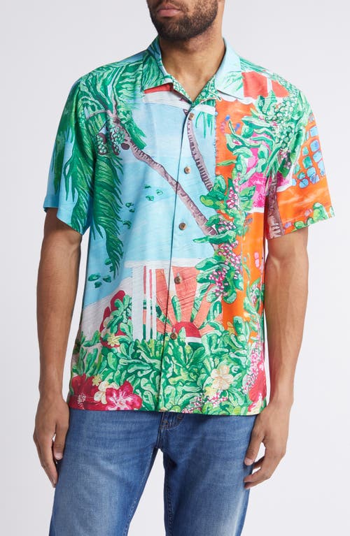 Tommy Bahama Coastal Comforts Tropical Print Silk Camp Shirt Summer Aqua at Nordstrom,