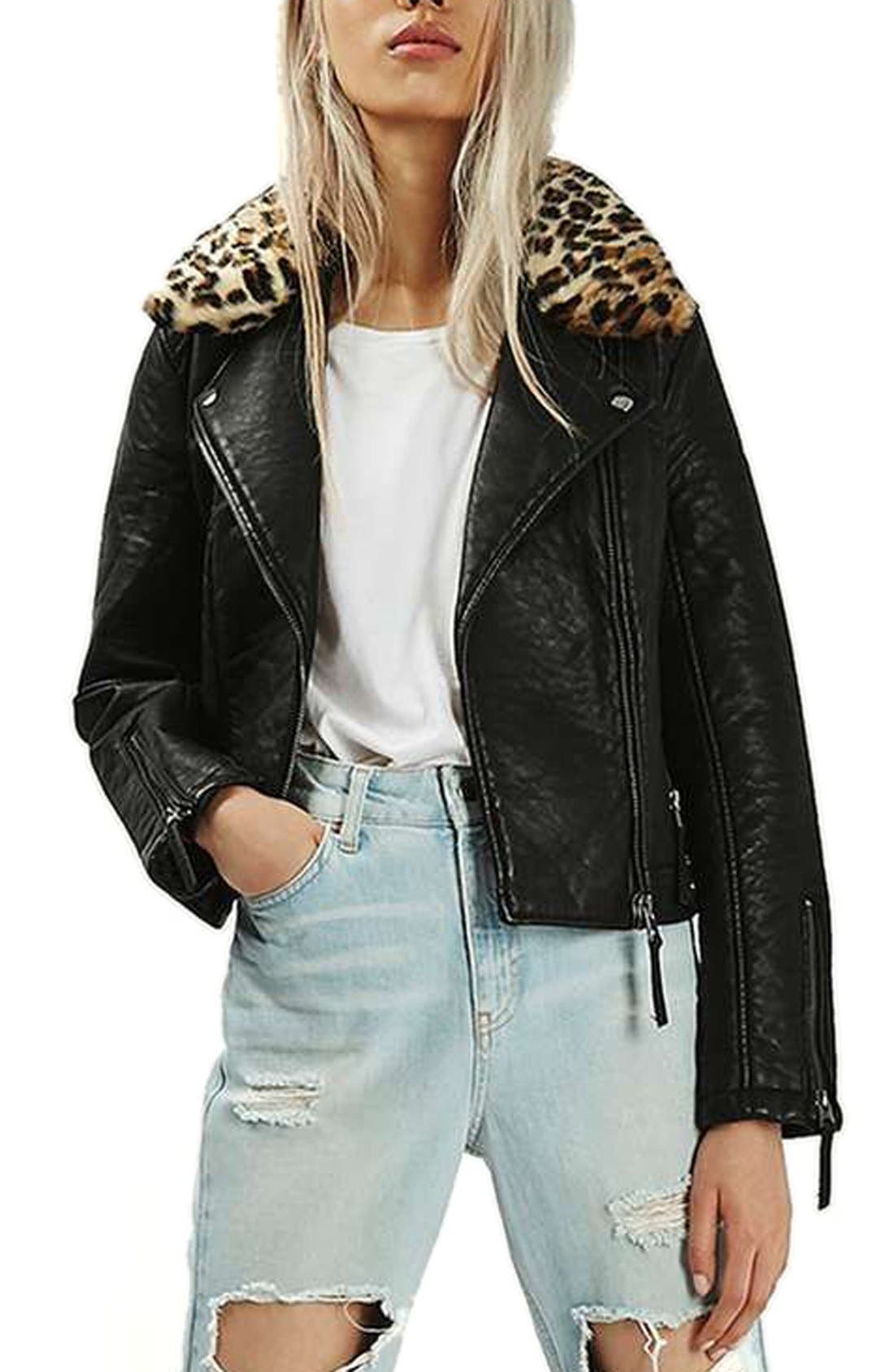 Faux Leather Jacket with Faux Leopard Fur Collar Nordstrom