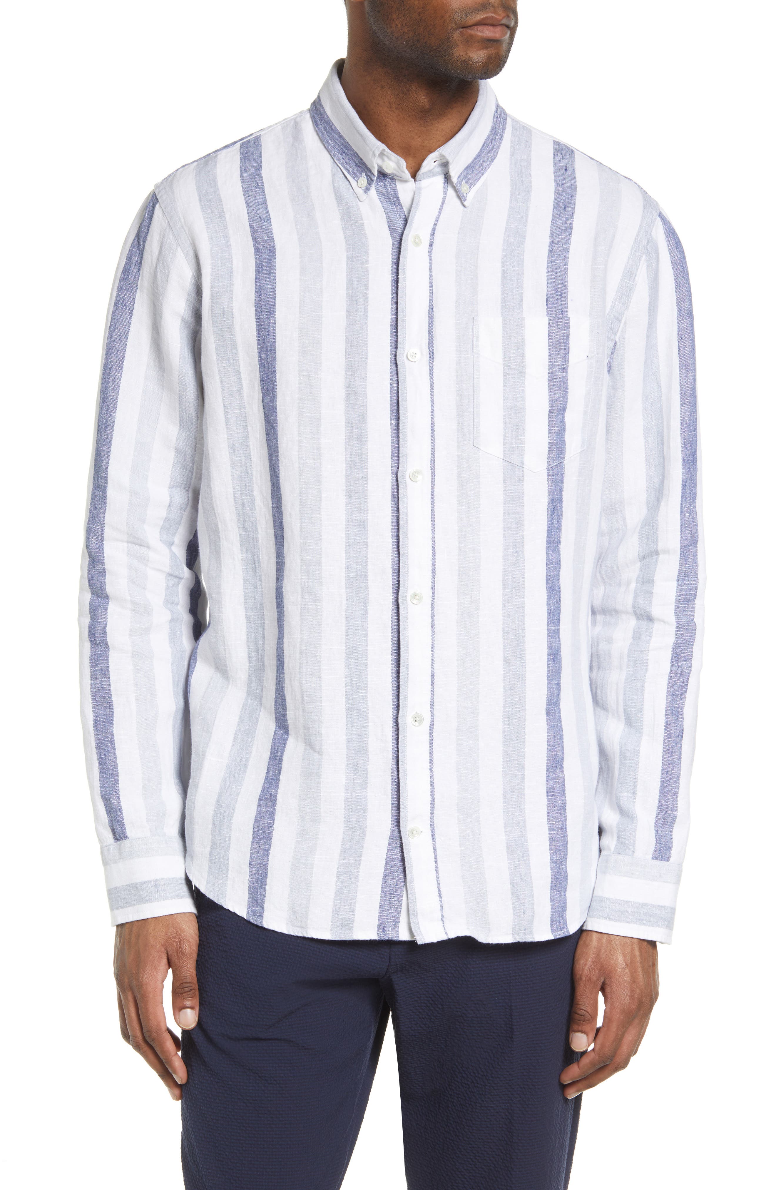 NN07 Levon 5244 Stripe Linen Button-Down Shirt in 720 Blue Stripe