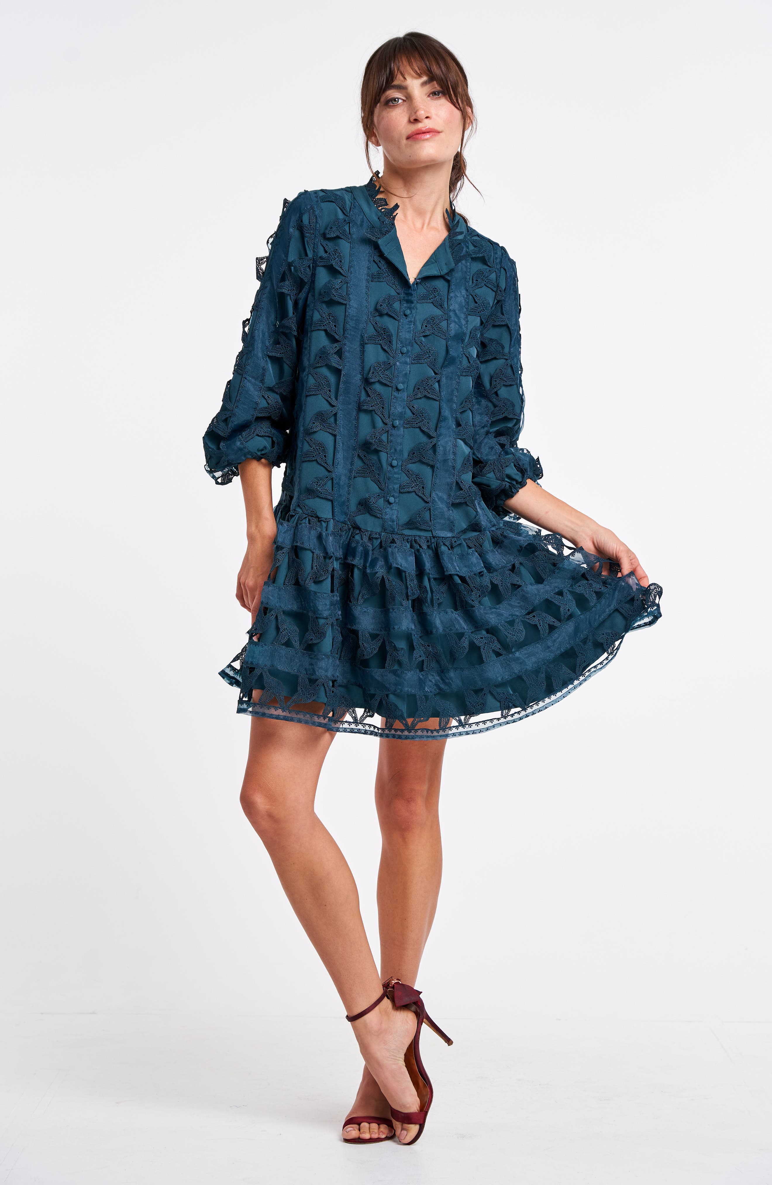 CIEBON Wylla Humbird Lace & Organza Drop Waist Dress in Teal | Smart Closet CIEBON Wylla Humbird Lace & Organza Drop Waist Dress in Teal | Smart Closet