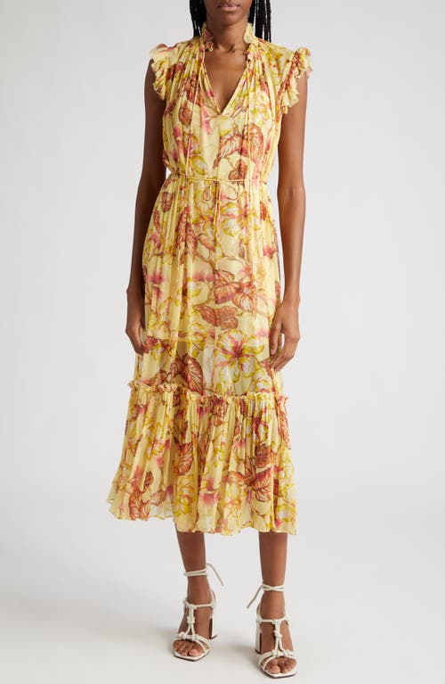 Zimmermann Matchmaker Hibiscus Print Flutter Sleeve Midi Dress in Yellow Hibiscus at Nordstrom, Size 0