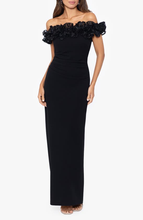 Shop Xscape Ruffle Off The Shoulder Crepe Gown In Black