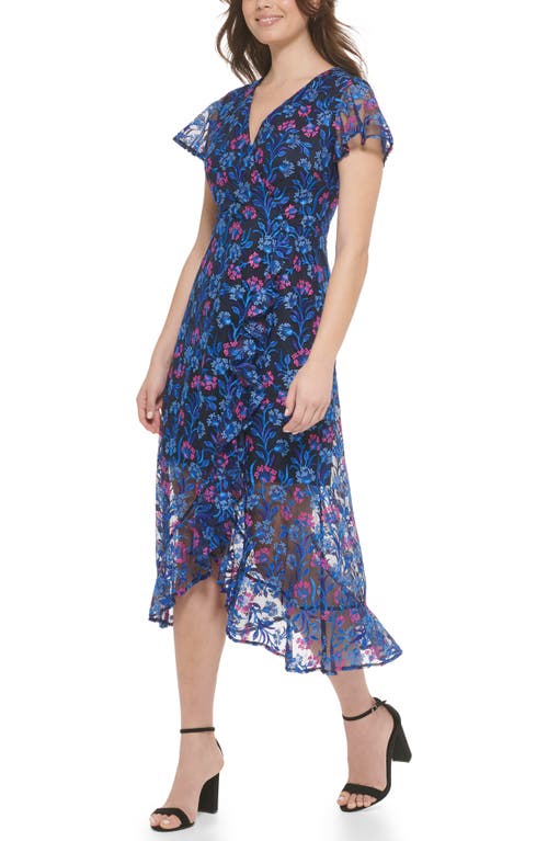 Shop Kensie Floral Embroidered Flutter Sleeve Midi Dress In Navy/fucshia