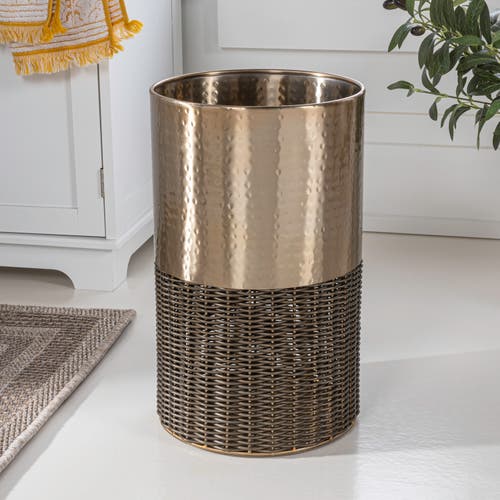 Happimess Asher Modern 4.13-gallon 2-tone Faux Wicker/metal Cylinder Waste Basket, Black/natural In Bronze/coffee