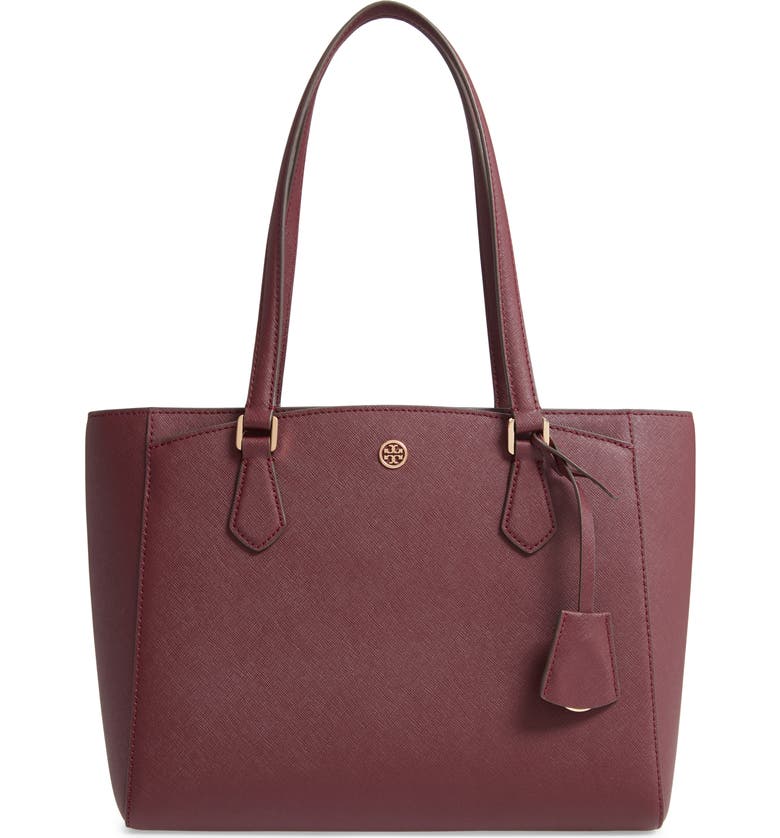 TORY BURCH Small Robinson Saffiano Leather Tote, Main, color, PORT