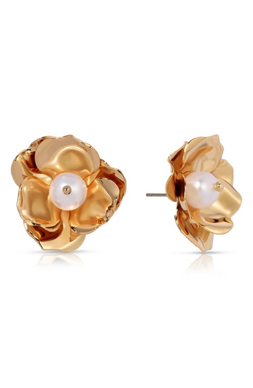 Cultured Freshwater Pearl Flower Stud Earrings in Gold