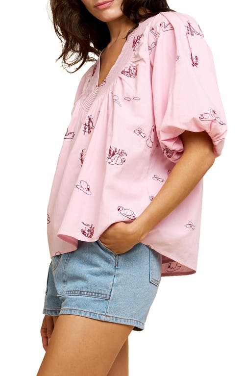 Shop Ciebon Rosa Embroidered Puff Sleeve Top In Pink