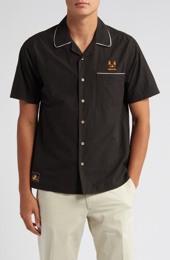 Shop Percival Percico Citrus Embroidered Short Sleeve Cotton Graphic Bowling Shirt In Black