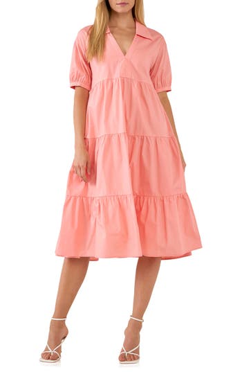 Shop English Factory Tiered Puff Sleeve Dress In Peach