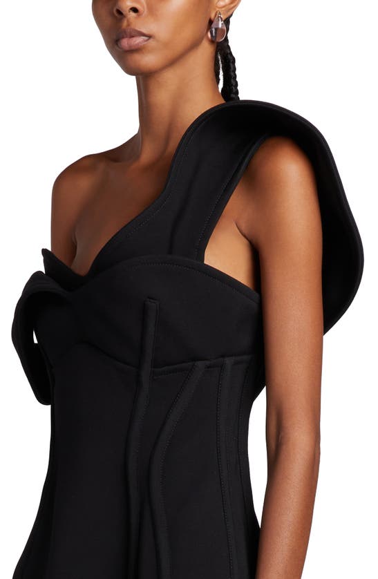 Shop Bottega Veneta One-shoulder Bonded Wool Tricotine Midi Dress In Black