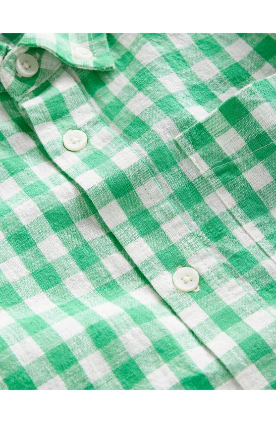 Shop Mini Boden Kids' Gingham Short Sleeve Linen & Cotton Button-down Shirt In Pea Green Gingham