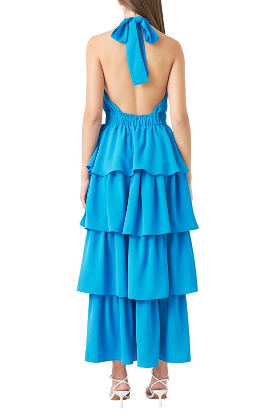 Shop Endless Rose Tiered Halter Maxi Dress In Blue