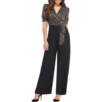 Maggy London Puffed Sleeve Sequin Wide Leg Jumpsuit, Black