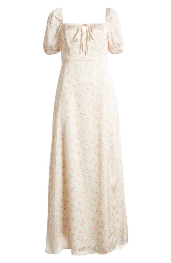 Shop Something New Sally Floral Puff Sleeve Square Neck Satin Dress In White Swan Aop Sally