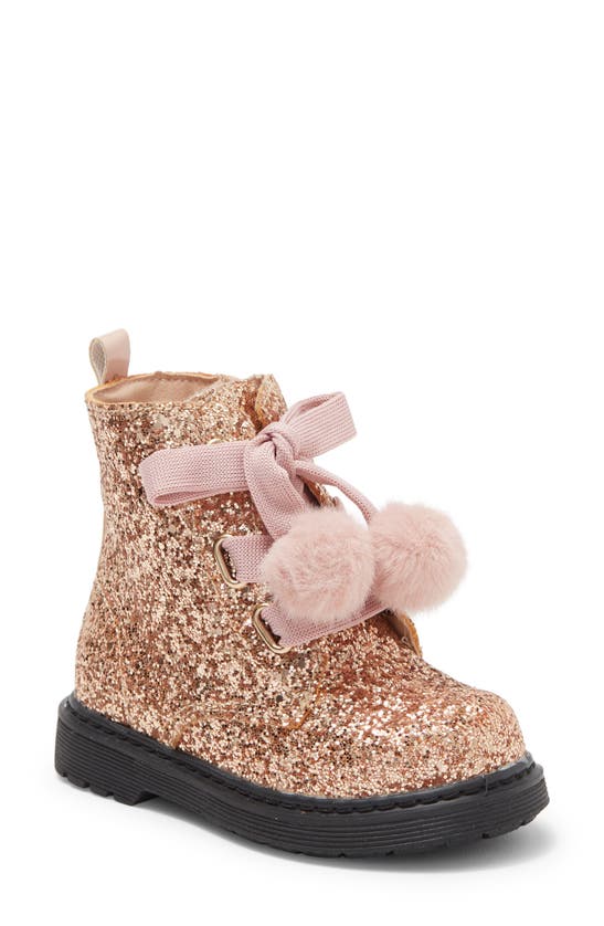 Nicole Miller Kid's Pompom Lace-up Glitter Boot In Rose Gold
