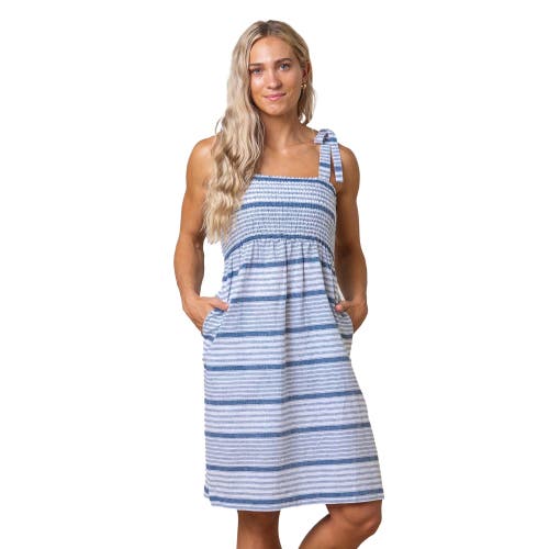 Women's Smocked Bow Shoulder Sundress in Dark Blue Variegated Stripe