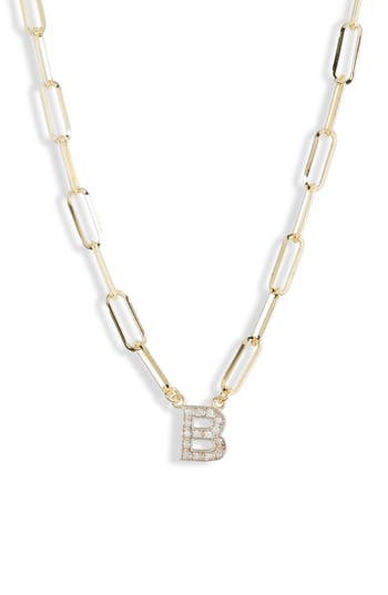 Meshmerise Diamond Initial Charm Paper Clip Chain Necklace In Gold