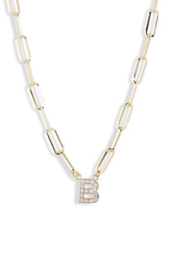Meshmerise Diamond Initial Charm Paper Clip Chain Necklace In Yellow-b