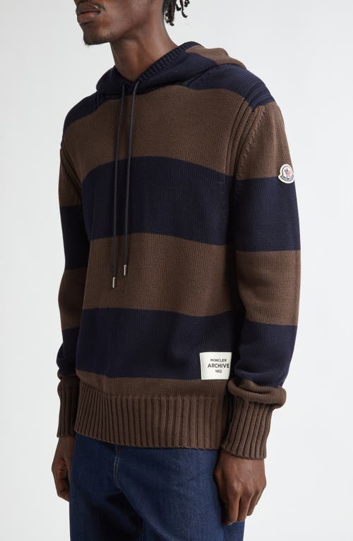 Shop Moncler Stripe Logo Knit Cotton Hoodie In Blue/brown