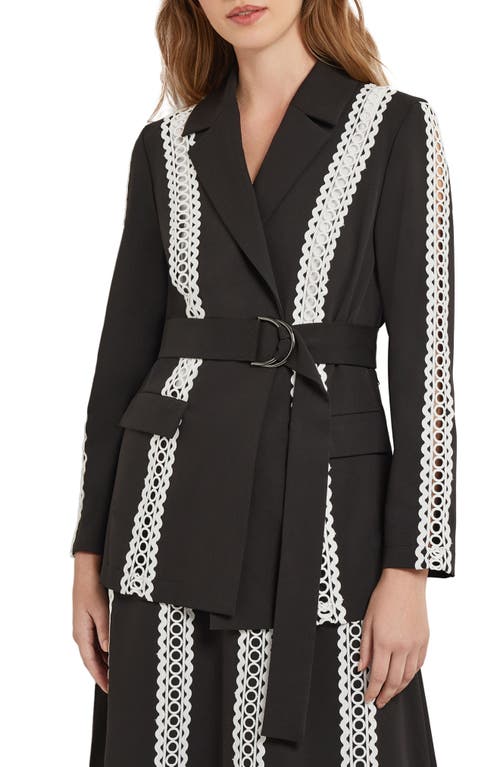 Misook Belted Eyelet-trim Twill Jacket In Black/white