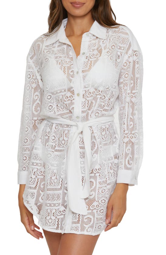 Shop Becca Long Sleeve Sheer Lace Cover-up Shirtdress In White