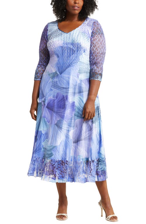 Floral Chiffon & Charmeuse Cocktail Dress in Blue Leaf Flow