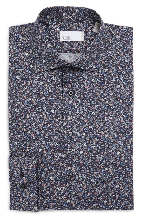 Nordstrom Rack Trim Fit Non-iron Floral Print Cotton Dress Shirt In Navy Blazer Multi Cosmos