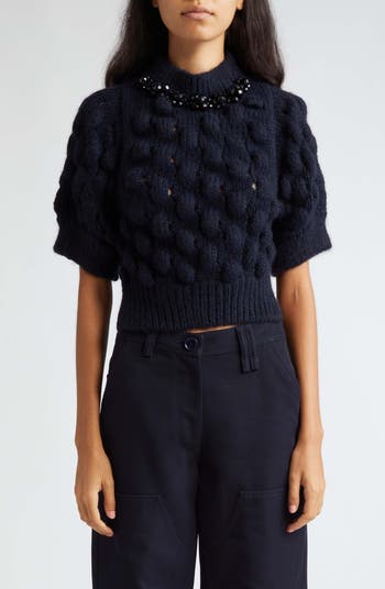 Bubble Knit Crystal Embellished Crop Alpaca & Wool Blend Sweater