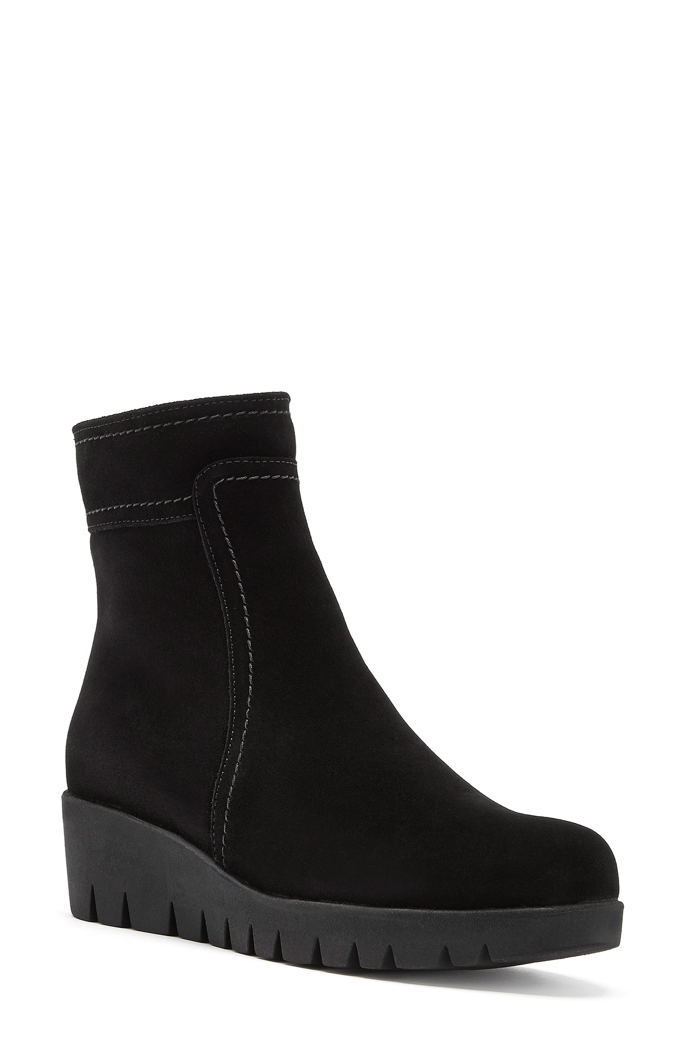 La Canadienne Token Waterproof Wedge Bootie in Black Suede 