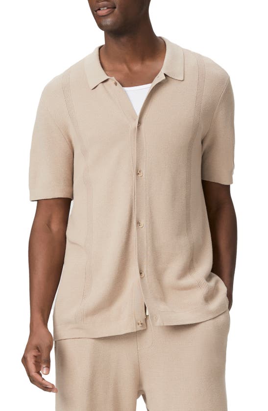 Shop Paige Mendez Short Sleeve Cotton & Linen Button-up Sweater Shirt In Mocha Cream