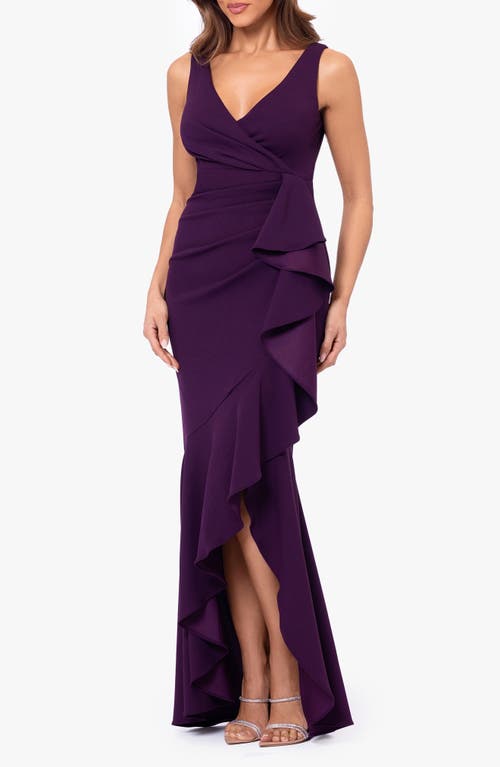 BETSY & ADAM BETSY & ADAM V-NECK CASCADE RUFFLE HIGH-LOW GOWN