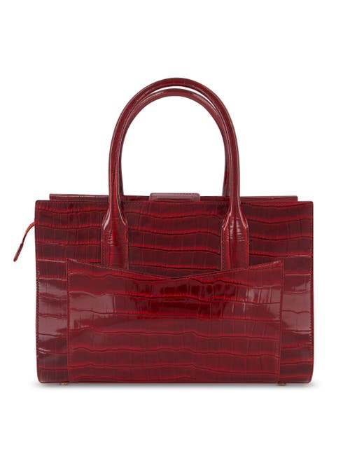 Mac Duggal Gold Plated Hardware Crocodile Embossed Leather Tote Bag In Oxblood