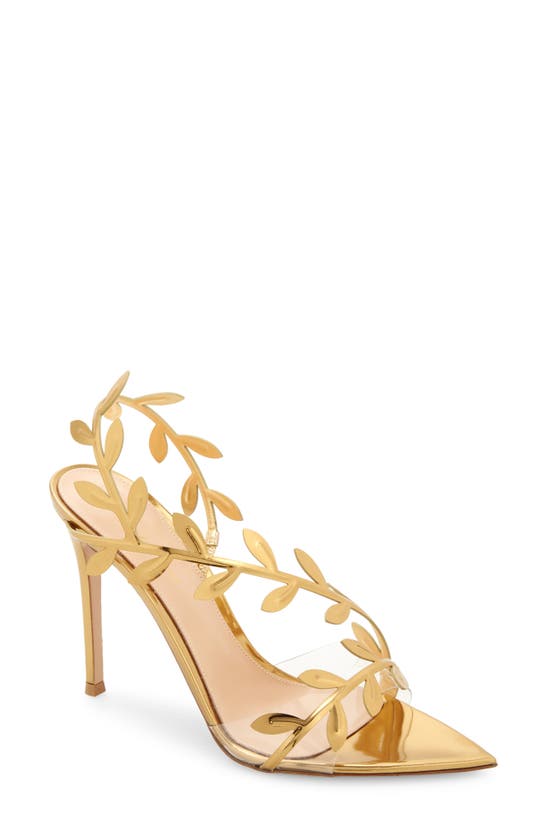 Gianvito Rossi Flavia Leaf Pointed Toe Asymmetric Slingback Sandal In Gold