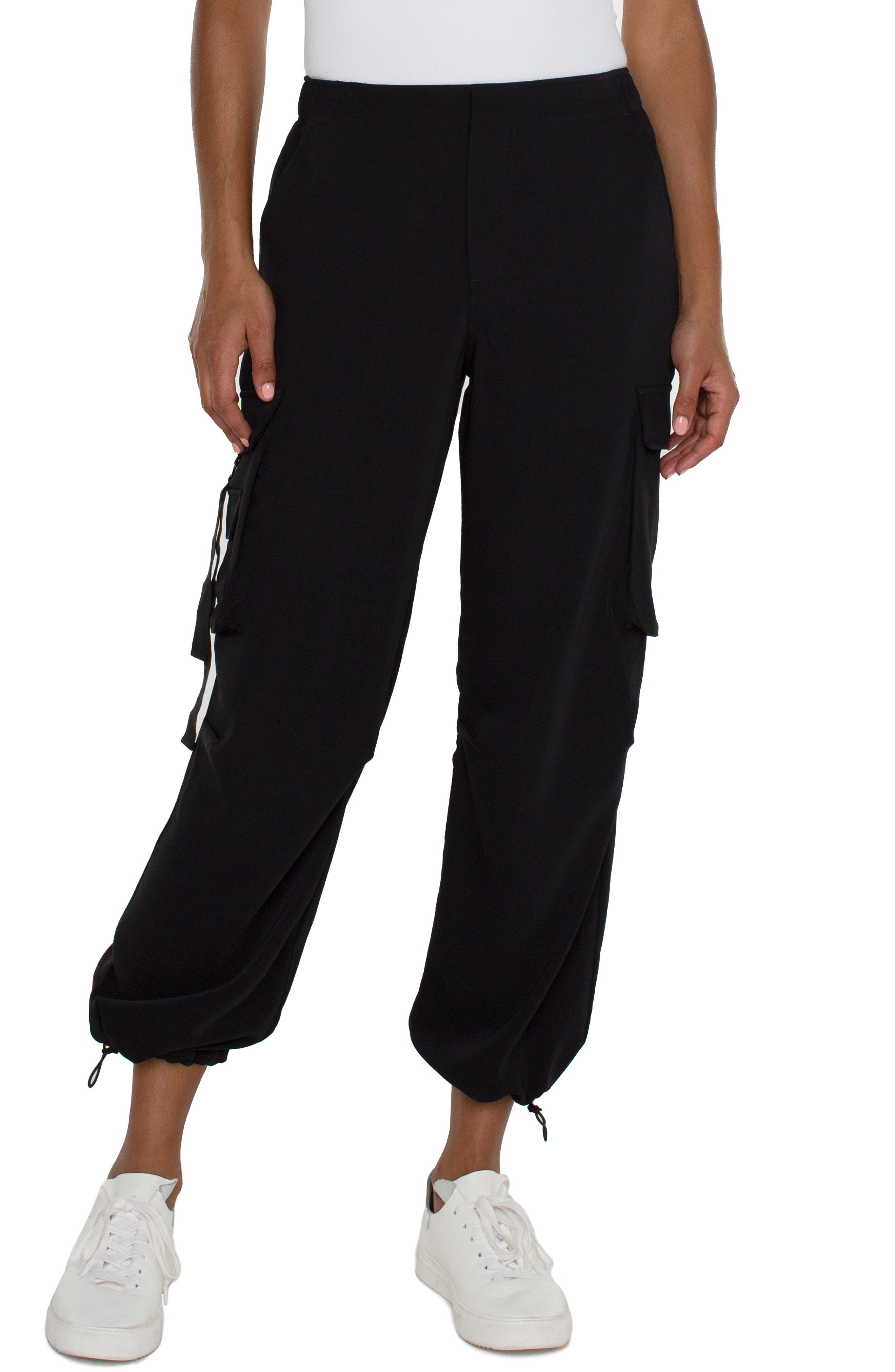 Liverpool Cinch Hem Pull-On Cargo Parachute Pants in Black 