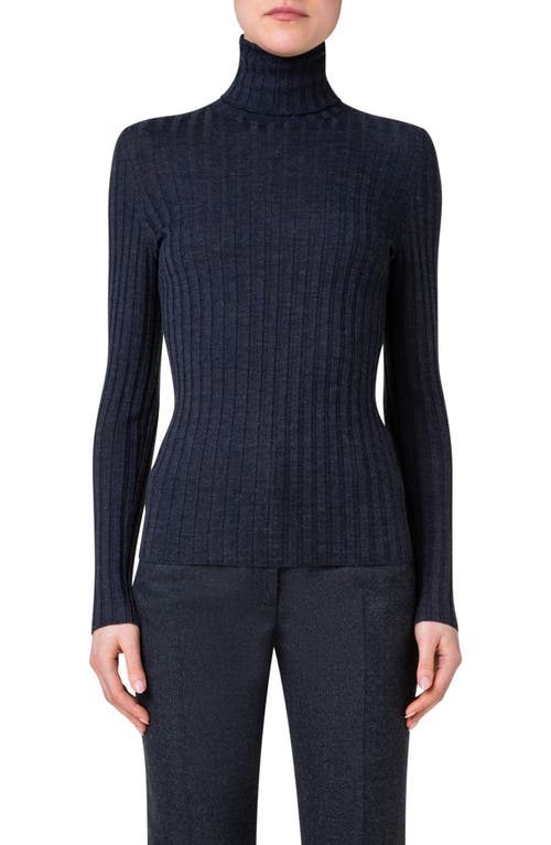 Rib Wool & Silk Turtleneck Sweater in 089 Charcoal